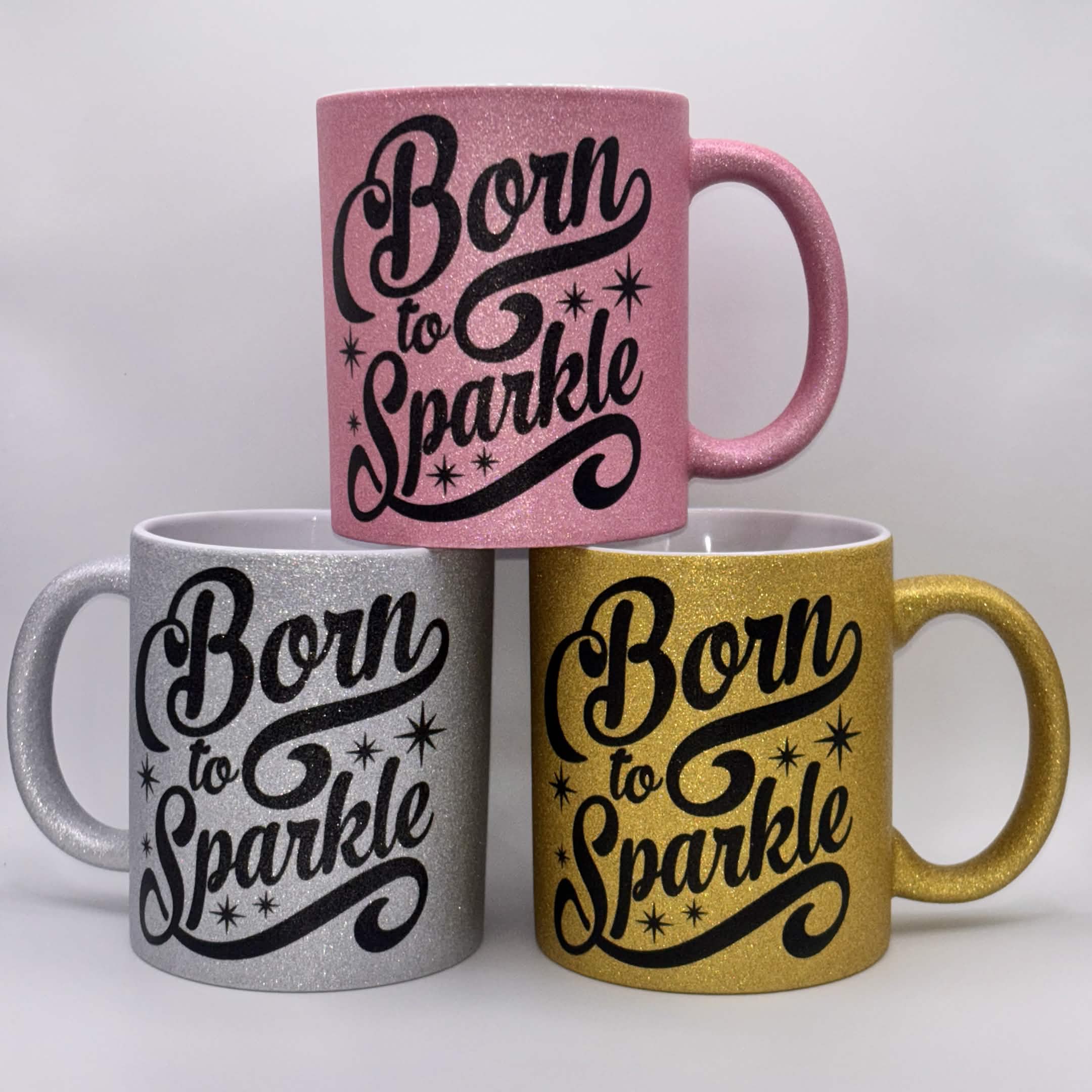 Born to Sparkle glitter mug in pink, silver and gold