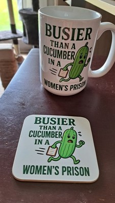 Customer photo of a busier than a cucumber mug and coaster from TheMugVault